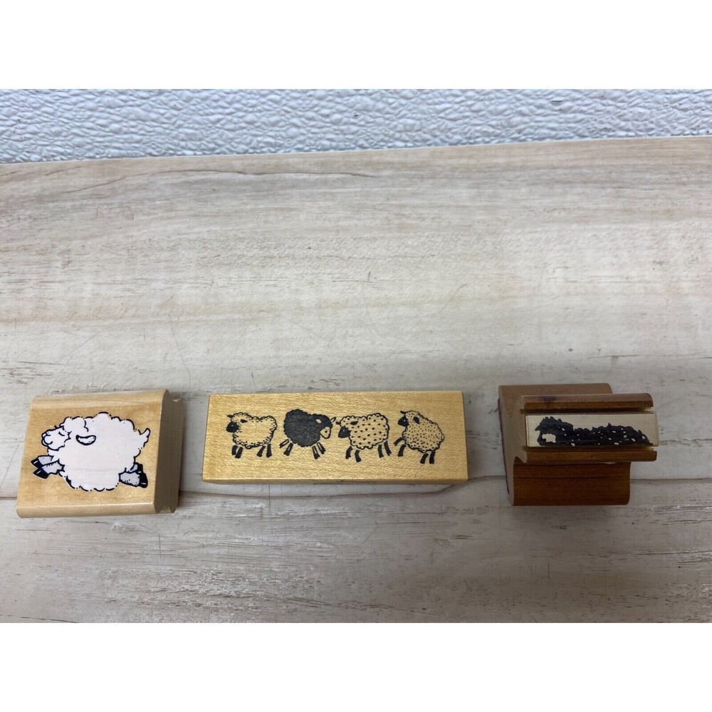 Set Of 3 Mixed Brands Sheeps Wood Mounted Rubber Stamps